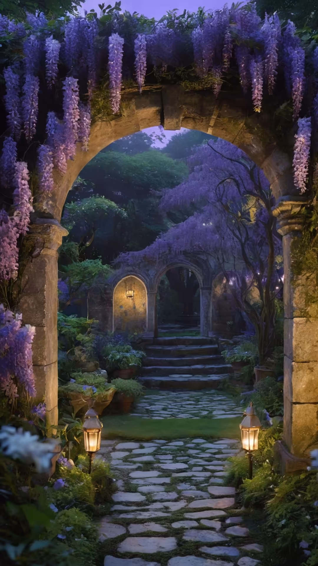 Mystical stone archway draped with cascading purple wisteria flowers, lantern-lit pathway leading through ancient ruins into