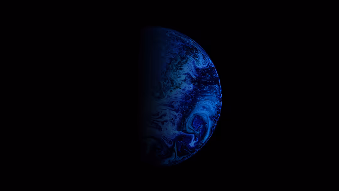 Abstract blue sphere with swirling marble texture patterns against a dark black background, creating a minimalist cosmic comp