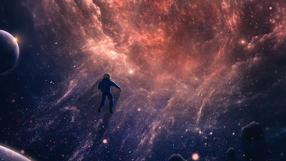 Astronaut floating through a vibrant red and pink cosmic nebula with planets and stars surrounding in deep space
