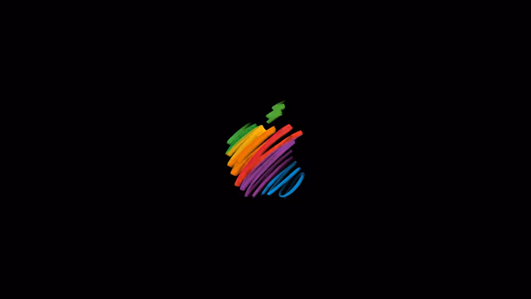 Vibrant rainbow colored lines arranged in a diagonal pattern against a pure black background, creating an abstract minimal ge