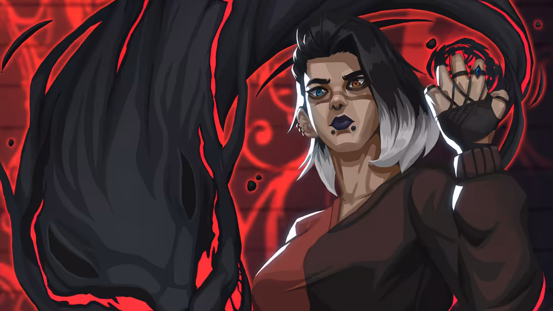 Anime-style character with white and black hair in dark tactical gear against red glowing abstract background with mystical e