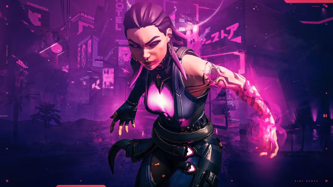 Futuristic warrior in sleek black armor with neon pink glowing elements in a dark cyberpunk cityscape filled with vibrant neo