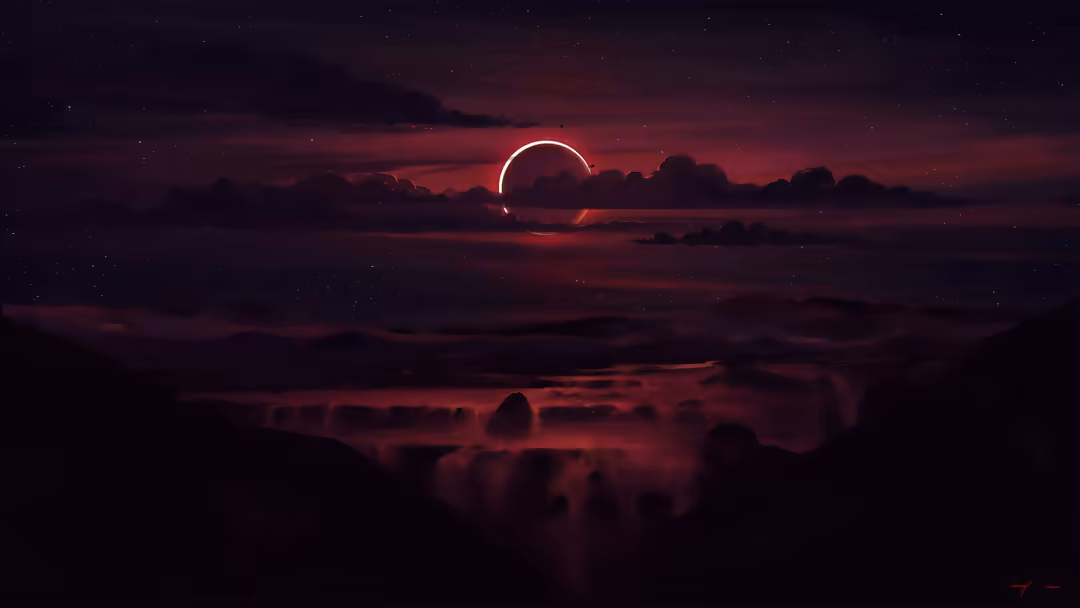 Solar Eclipse Over Red Clouds — horizontal sky & clouds 4K wallpaper