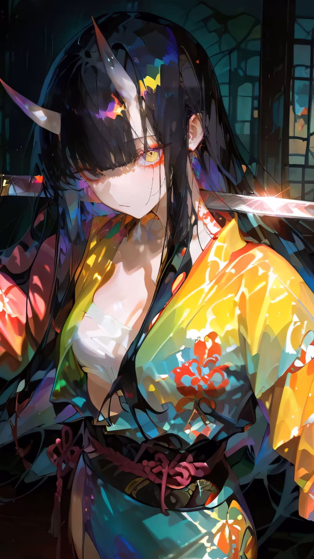 Anime girl with black hair and demon horns wearing colorful neon-lit clothing against a dark teal background with vibrant lig