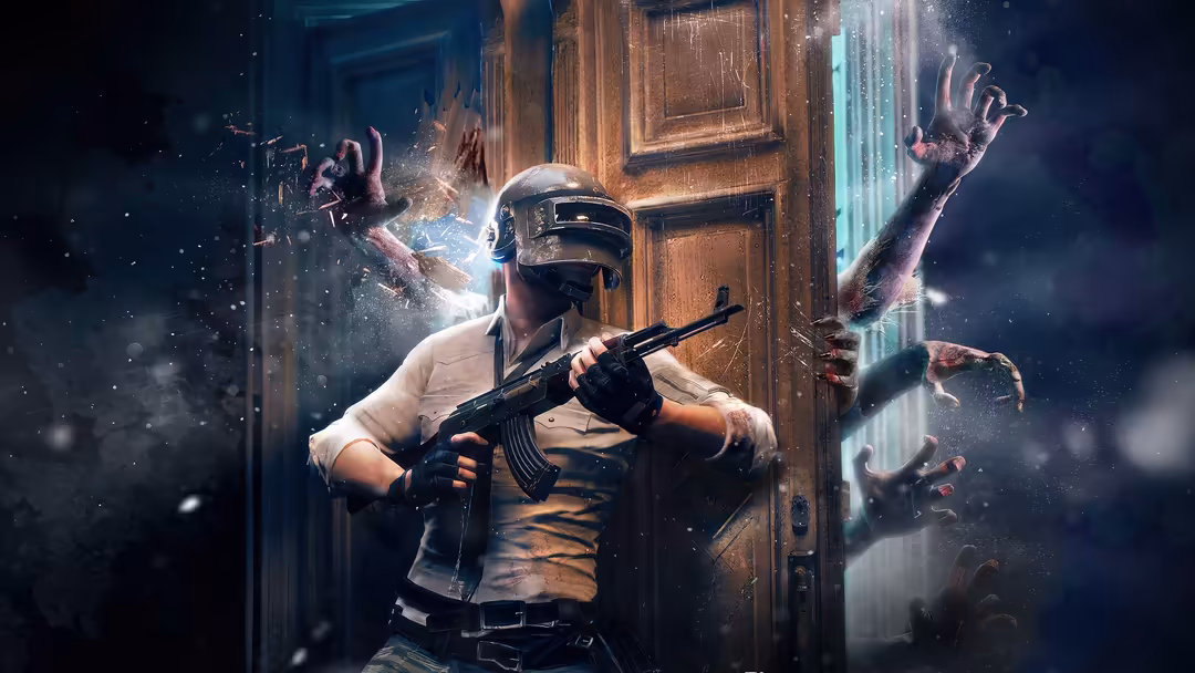VR-equipped player in tactical gear holding rifle, surrounded by glowing neon effects and zombie-like figures emerging from d
