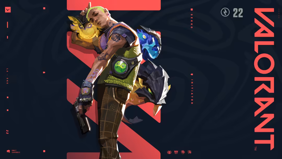 Gekko from Valorant, a character with blonde hair holding glowing pets, wearing tactical gear with neon accents against dark