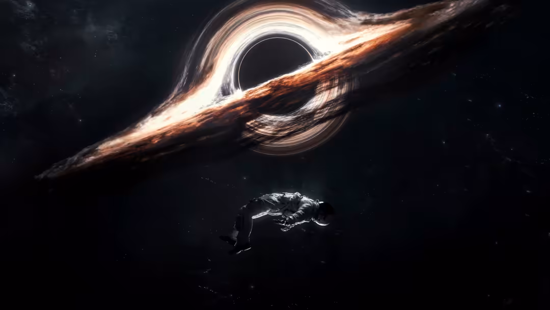 Massive black hole with glowing accretion disk and relativistic jets dominating deep space, with small spacecraft below in da
