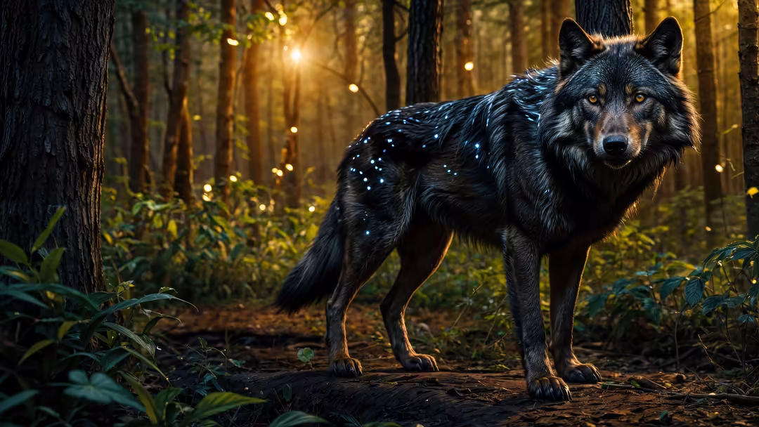 Black wolf with piercing amber eyes walking through enchanted forest with golden ethereal lights and lush green foliage at tw