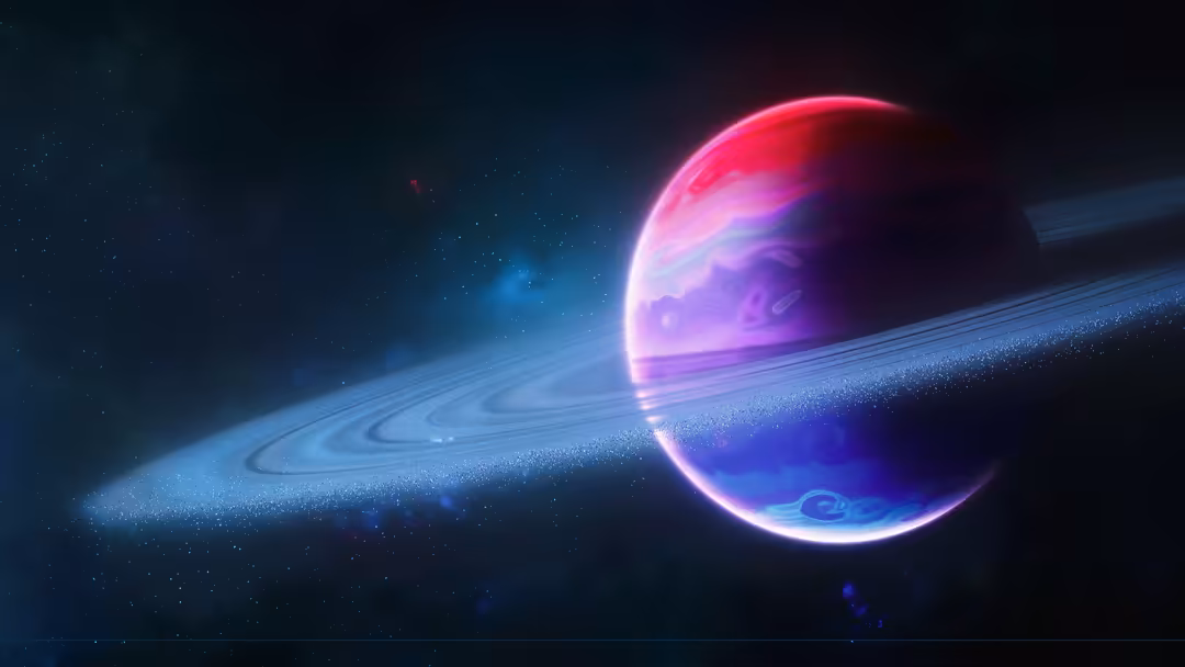 Glowing neon planet with vibrant pink and purple surface surrounded by luminous rings against a dark starry cosmic background
