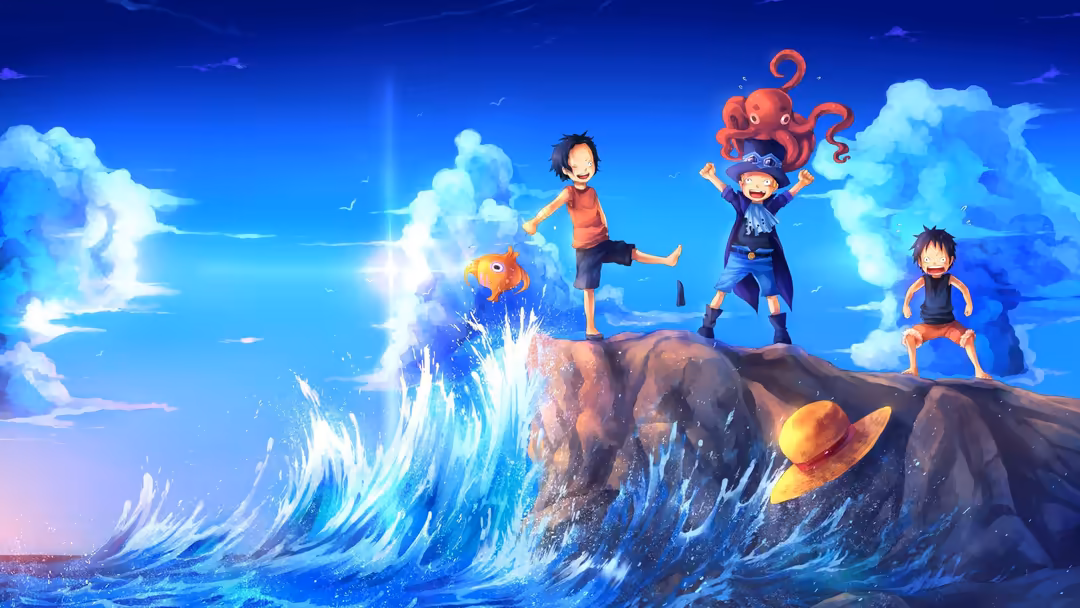 Animated scene of Monkey D. Luffy and crew standing triumphantly on a rocky outcrop with massive blue ocean waves crashing be