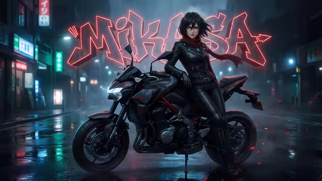 Mikasa Ackerman Neon Motorcycle Rain