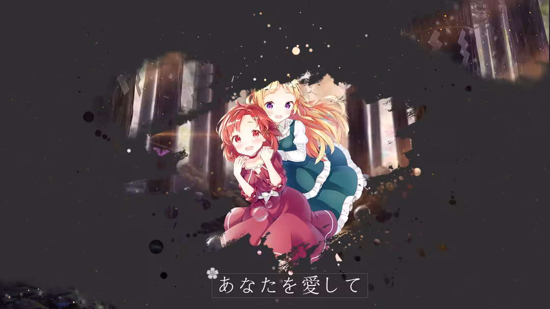 Two cheerful anime girls with pink and blonde hair smiling together surrounded by magical sparkles and glowing effects agains