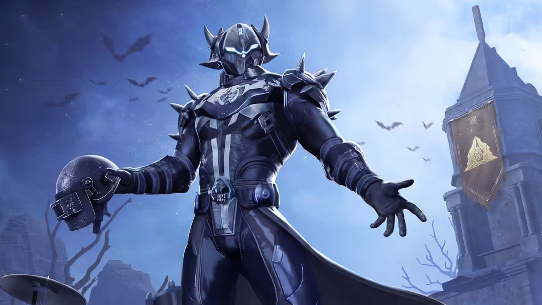 Dark armored warrior in spiked suit holding helmet, standing before gothic tower with bats flying in blue moonlit sky