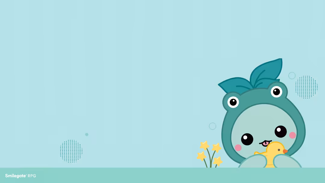 Cute turquoise creature with large expressive eyes and leafy ears holding a yellow duckling, surrounded by dotted circles and