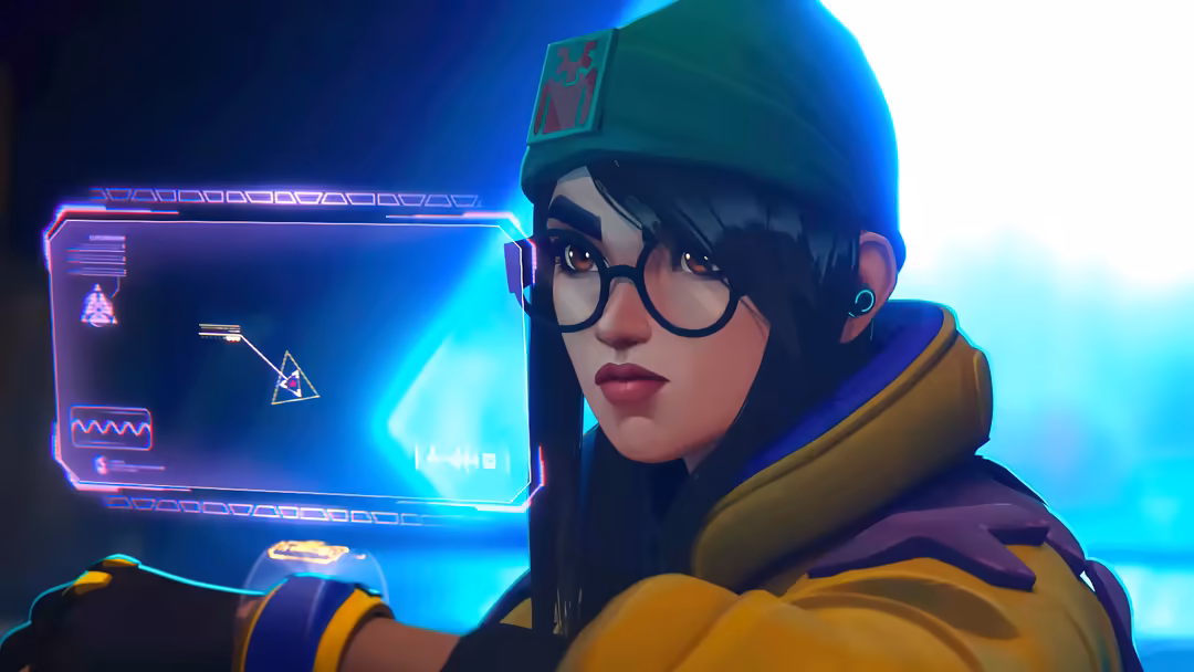 Killjoy from Valorant wearing glasses and yellow jacket with neon cyberpunk interface in background, glowing blue and purple