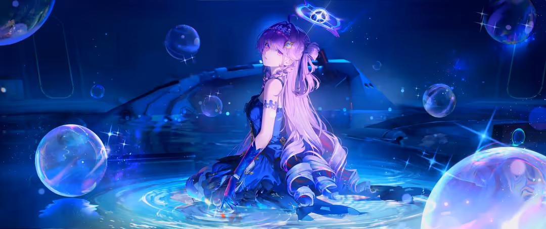 Animated character Denia surrounded by glowing blue and purple neon bubbles and ethereal magical effects in a cyberpunk-inspi