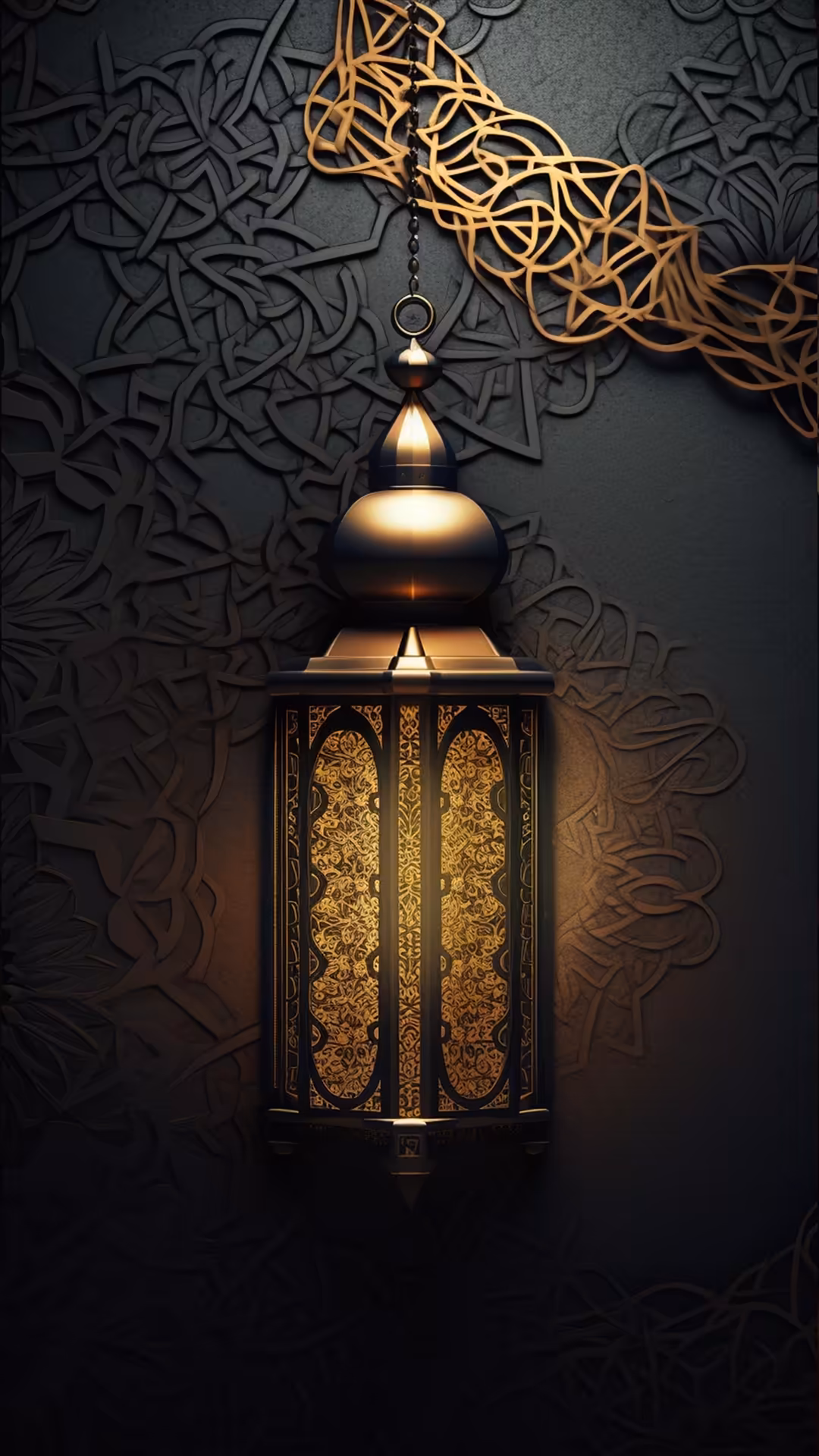 Ornate Islamic lantern with golden filigree doors and glowing dome suspended by golden twisted cord against dark textured bac