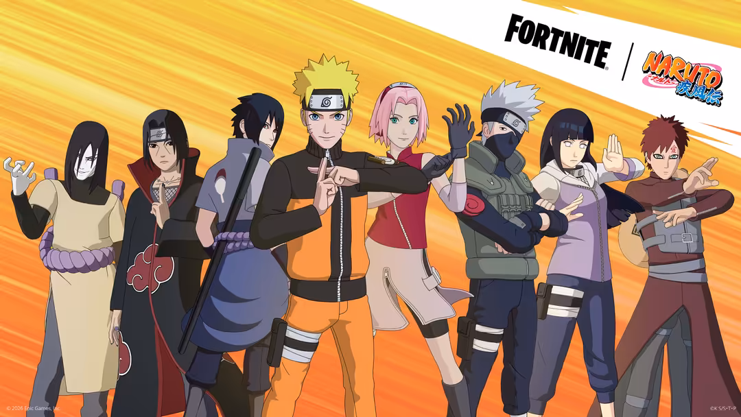 Fortnite and Naruto crossover featuring nine anime characters in action poses against a dynamic yellow and orange gradient ba