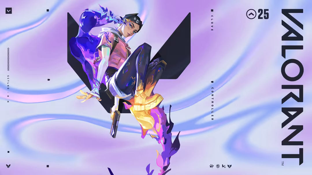 Valorant agent Clove in purple and gold tactical gear with glowing magical effects on a vibrant gradient background