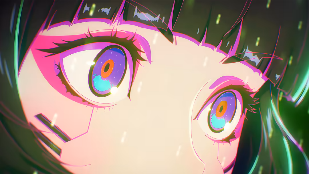Anime character with vibrant magenta and cyan neon eyes featuring cyberpunk aesthetic, glowing digital irises with tech-inspi