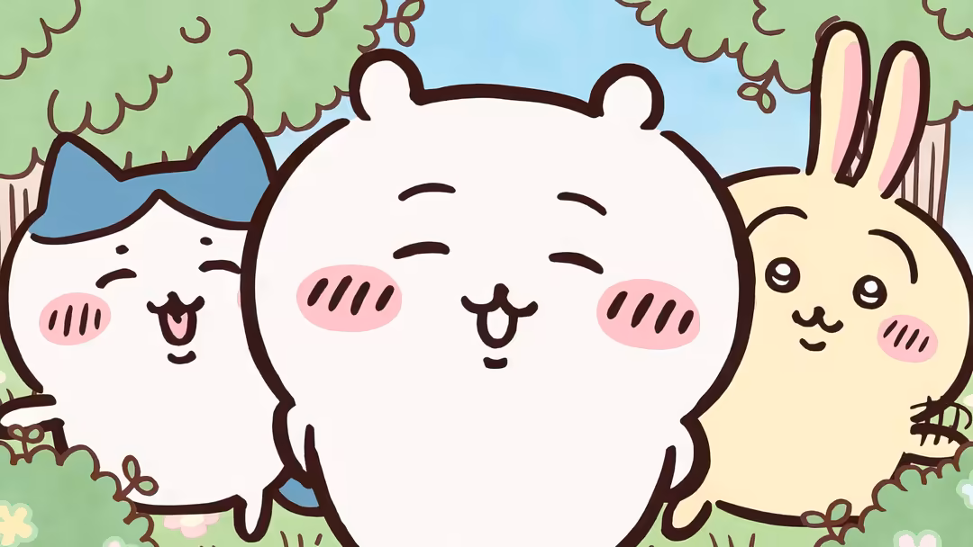 three smiling cartoon characters with pink cheeks surrounded by green trees and light blue sky in a soft kawaii style.