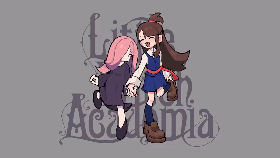 Two cheerful anime girls with pink and brown hair holding hands, wearing school uniforms, standing together with decorative t