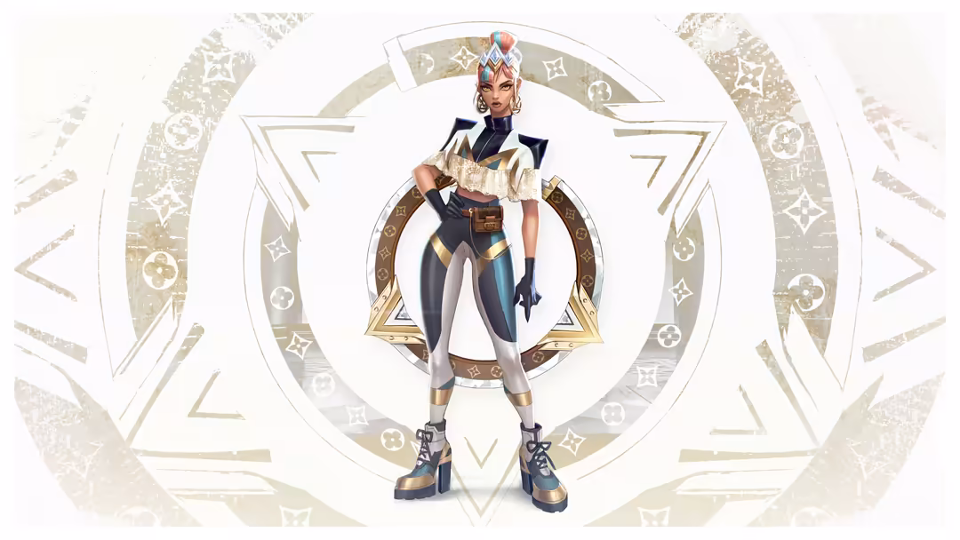 Stylized fantasy warrior character Qiyana in ornate gold and black outfit, posed confidently within elaborate geometric and o