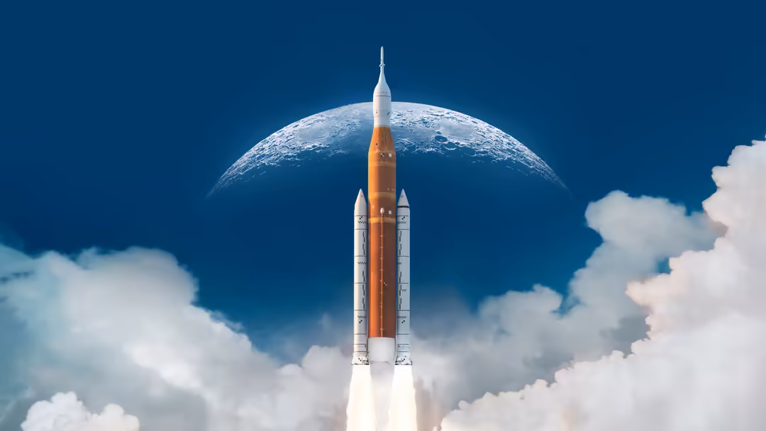 A powerful rocket launches upward through white clouds against a deep blue sky, with Earth looming large in the background