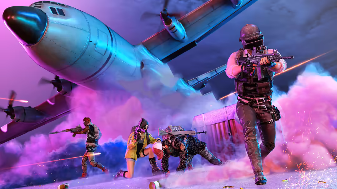 Armed tactical squad with weapons amid vibrant neon pink smoke and military aircraft in cinematic action scene
