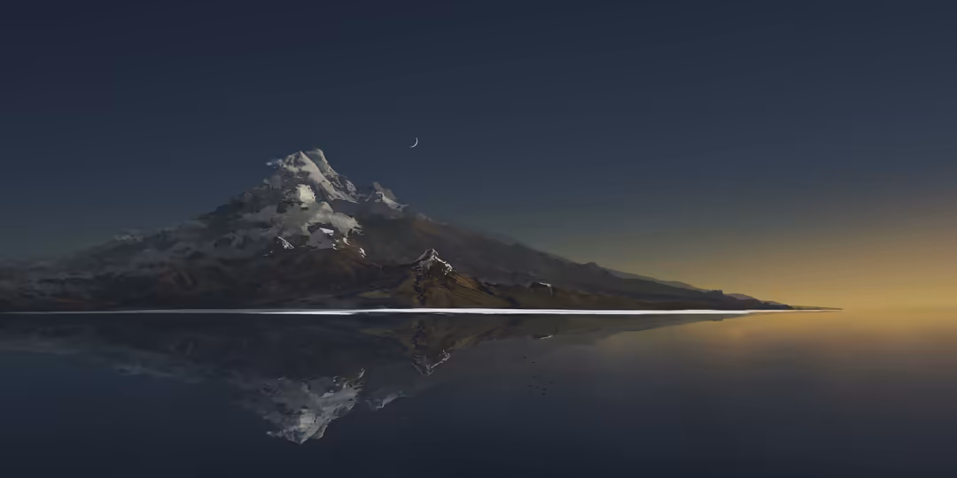 Snow-covered mountain peak reflected in still lake waters under a crescent moon at dusk, creating a serene and minimalist lan