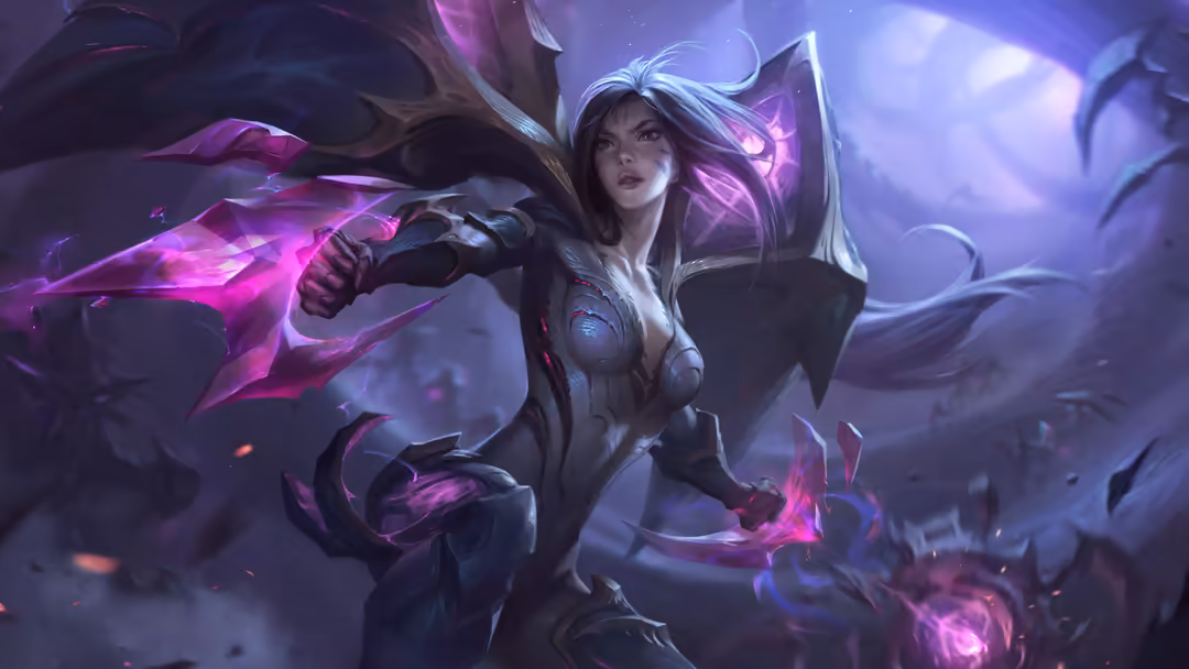 Mystical fantasy warrior in dark armor with flowing white hair and glowing purple magical energy surrounding her in an ethere