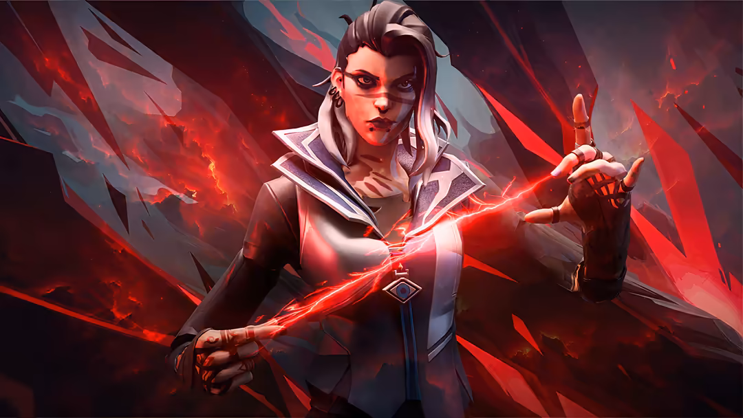 Fade character from Valorant with white hair and dark outfit, surrounded by glowing red energy effects and abstract red shape