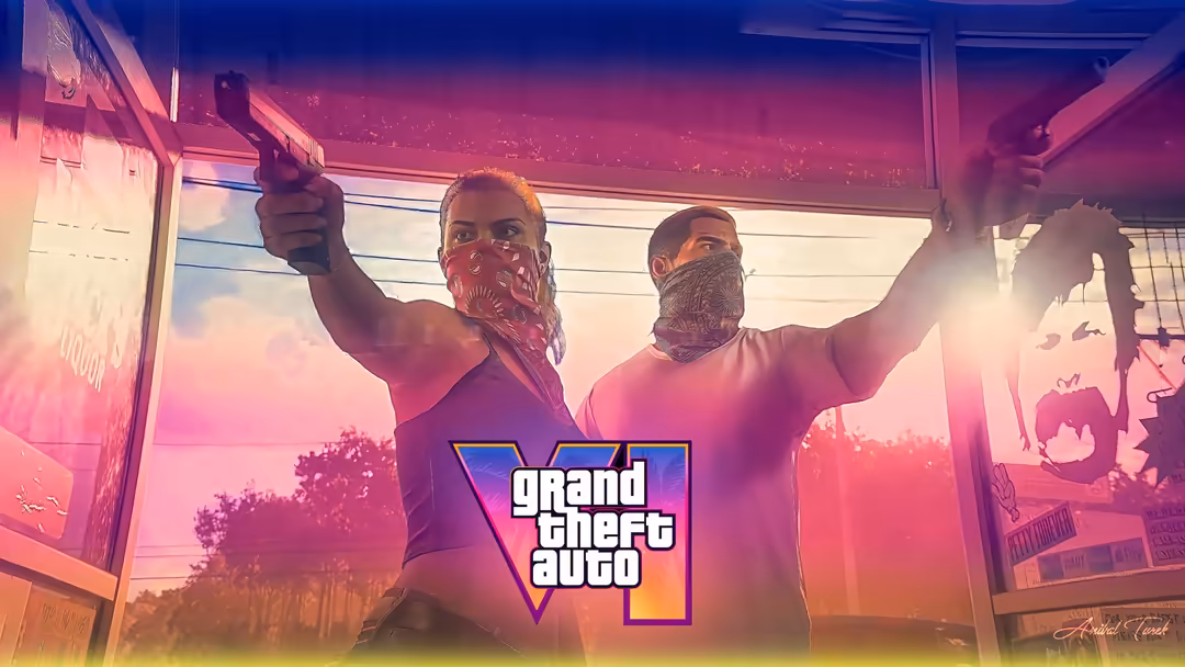 Two characters in neon-lit urban setting with GTA VI logo, vibrant pink and purple sunset sky, dystopian city atmosphere