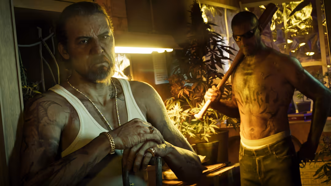 Tattooed character in white tank top with chain necklace stands in neon-lit indoor setting with plants, stern expression, gta