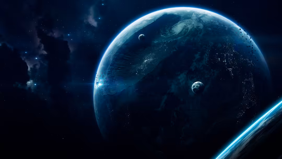 Luminous planet with glowing blue rings orbited by smaller celestial bodies, suspended in deep space with distant stars and n