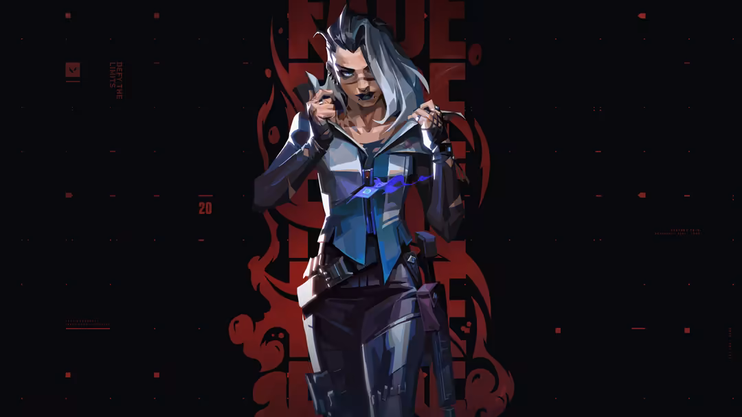 Fade character from Valorant in tactical outfit with blue tech accents, holding weapons against dark red textured background