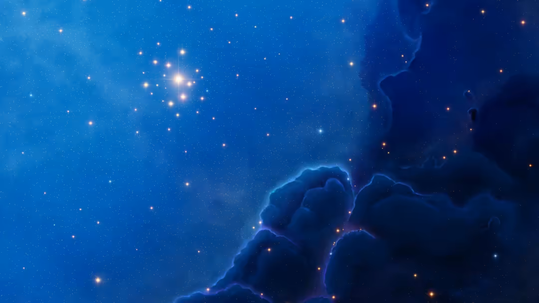 Deep space nebula with vibrant blue gas clouds and scattered stars, glowing cosmic dust formations against dark space backgro