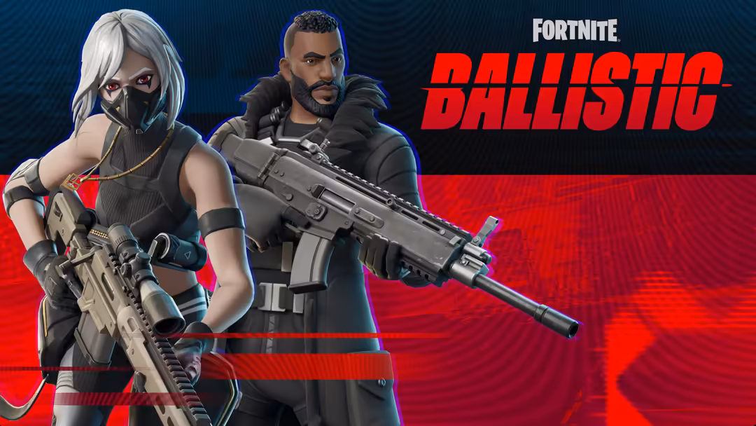 Two Fortnite characters in tactical gear holding weapons against a red and dark background with Ballistic text