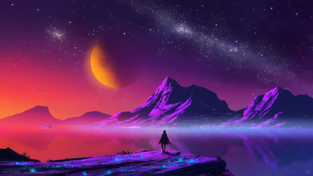 Lone Traveler Alien Desert Night — horizontal synthwave 4K wallpaper