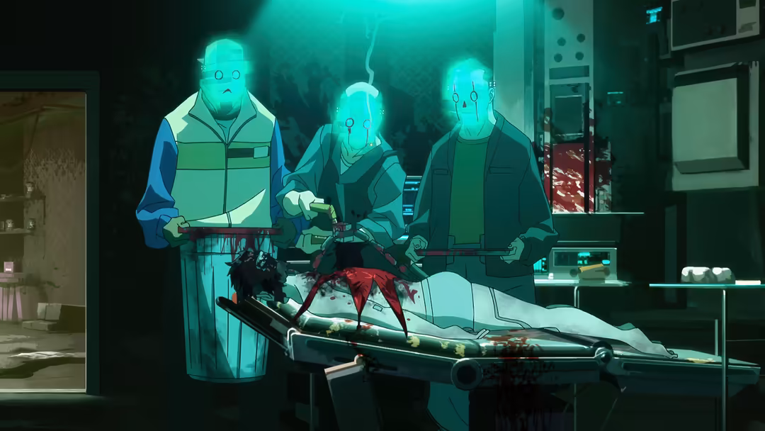 Glowing neon figures in hazmat suits perform autopsy on creature in dimly lit futuristic laboratory with green lighting