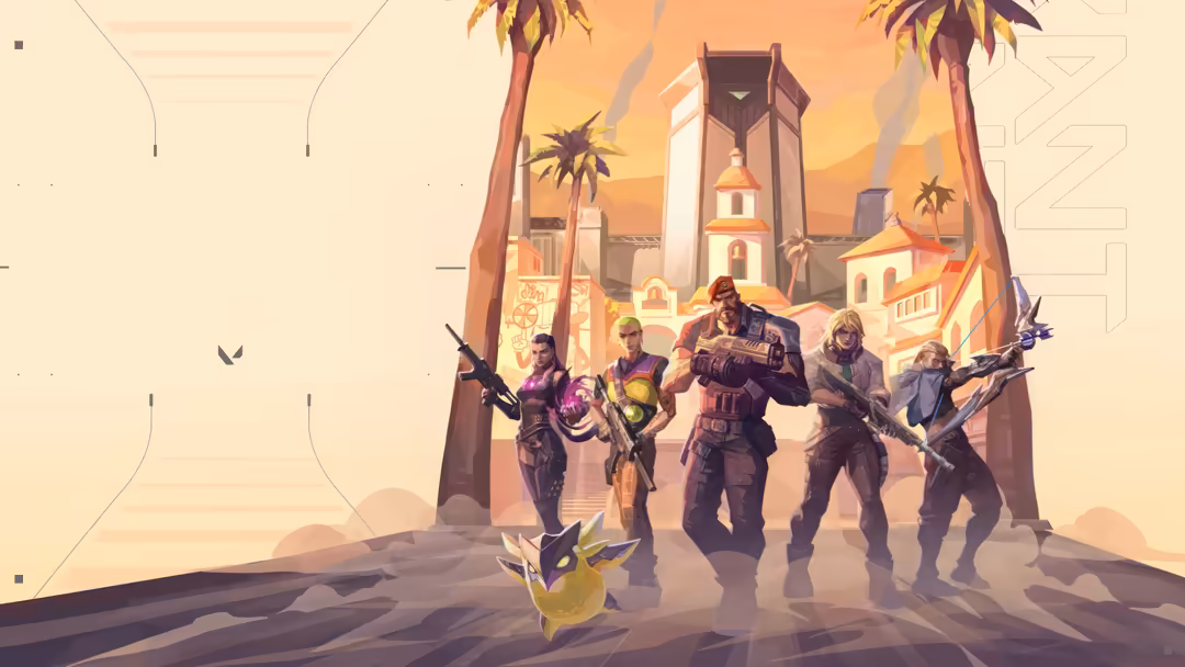 Valorant characters standing together in desert landscape with ancient architecture and golden sunset lighting in background