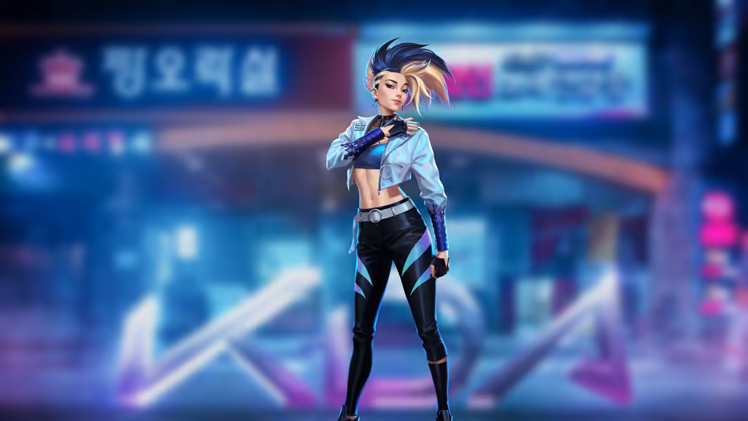 Stylized anime character Akali in cyberpunk setting with neon blue and pink lighting, wearing white and black outfit against