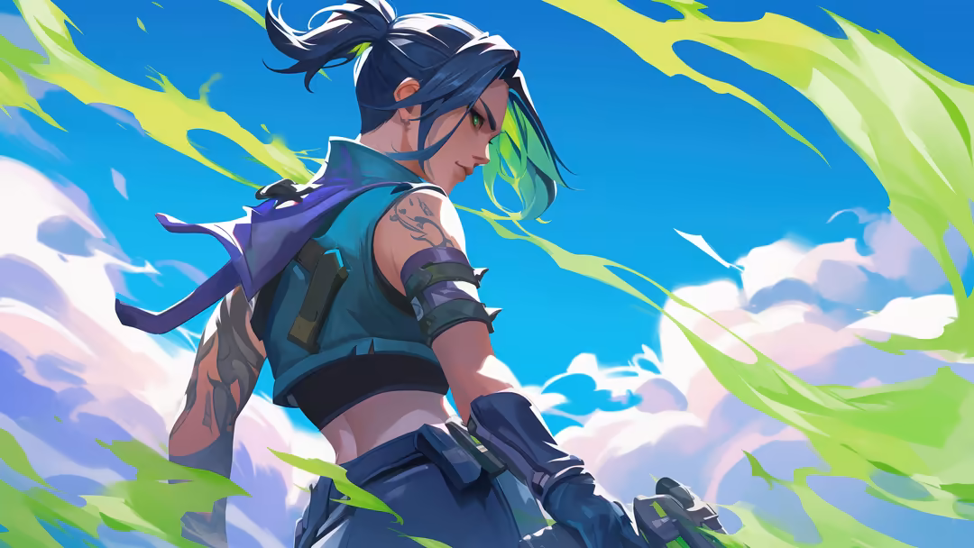 Animated character Jett from Valorant with dark hair, tactical gear, and glowing green energy effects against bright blue sky