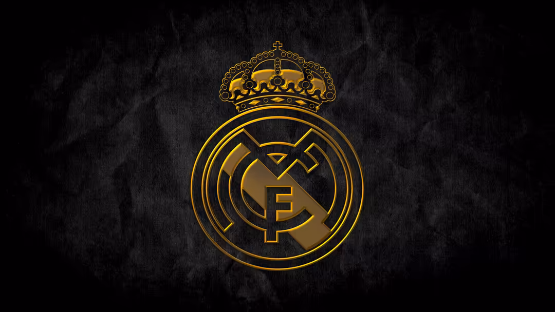 Golden Real Madrid CF crest with crown on dark textured background, featuring ornate circular design