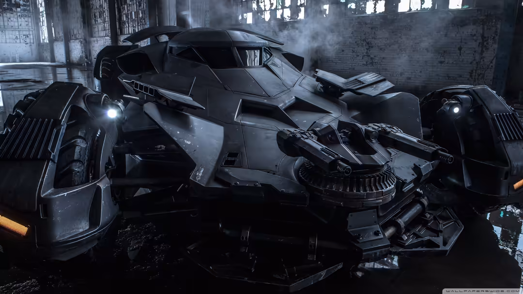 Futuristic armored mecha vehicles with glowing blue lights in a dark industrial warehouse with concrete pillars and dramatic