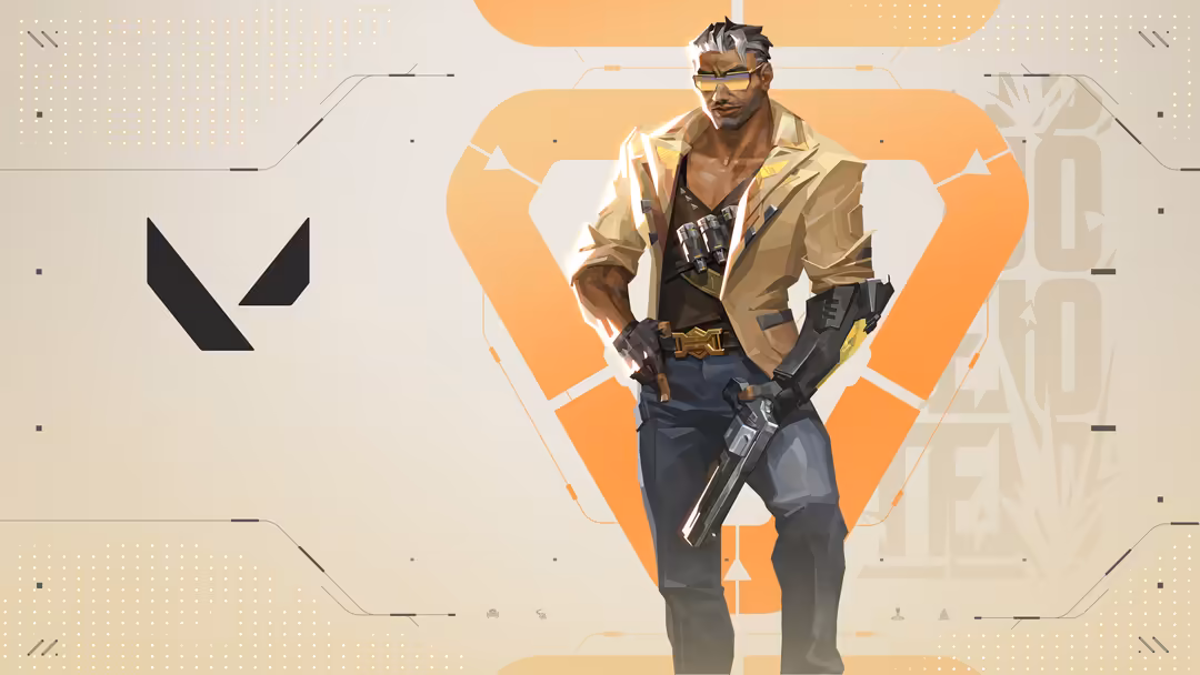 Tejo, a Valorant agent, stands confidently in tactical gear with sunglasses and a weapon against an orange and beige geometri