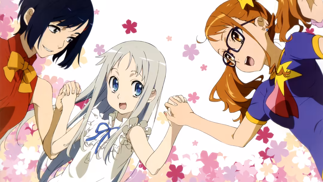 Three smiling anime girls with different hair colors surrounded by pink flowers, expressing happiness and friendship together