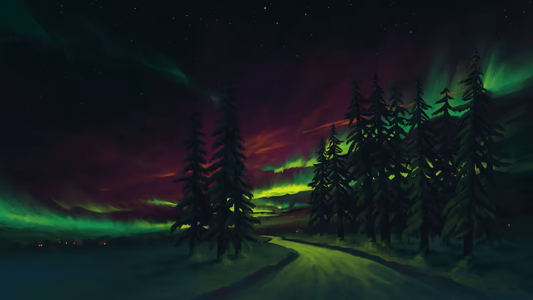 Snowy forest road lined with evergreen trees beneath dancing green and pink northern lights with stars in dark night sky