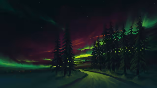 Northern Lights Forest Snow Road