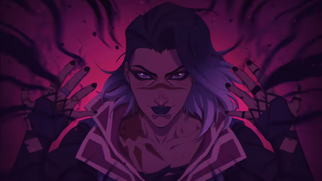 Anime illustration of Fade from Valorant with purple and magenta neon lighting, fierce expression, and outstretched hands aga
